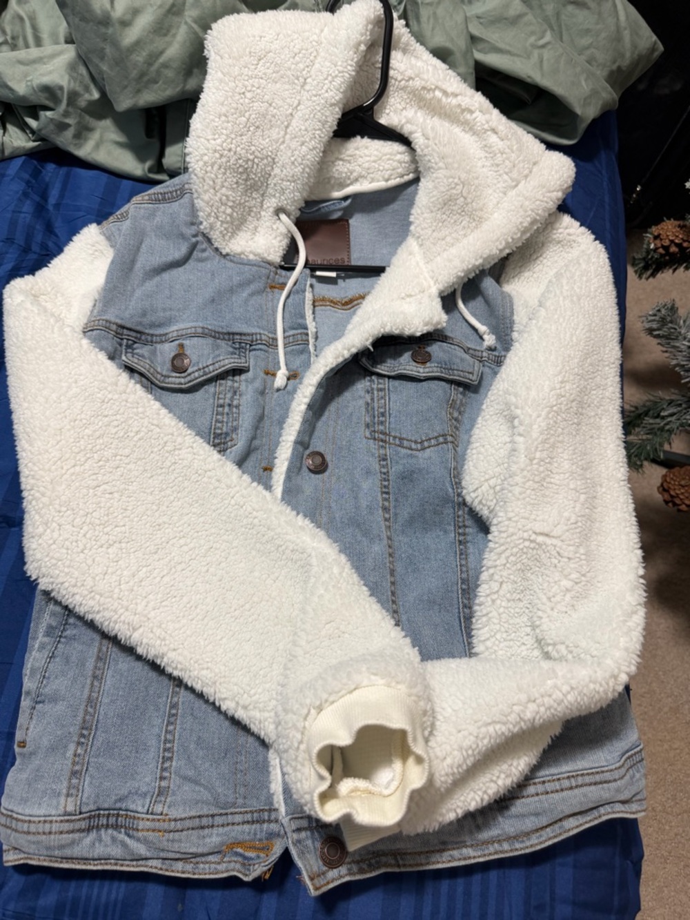 Denim Jacket with White Sherpa Hoodie